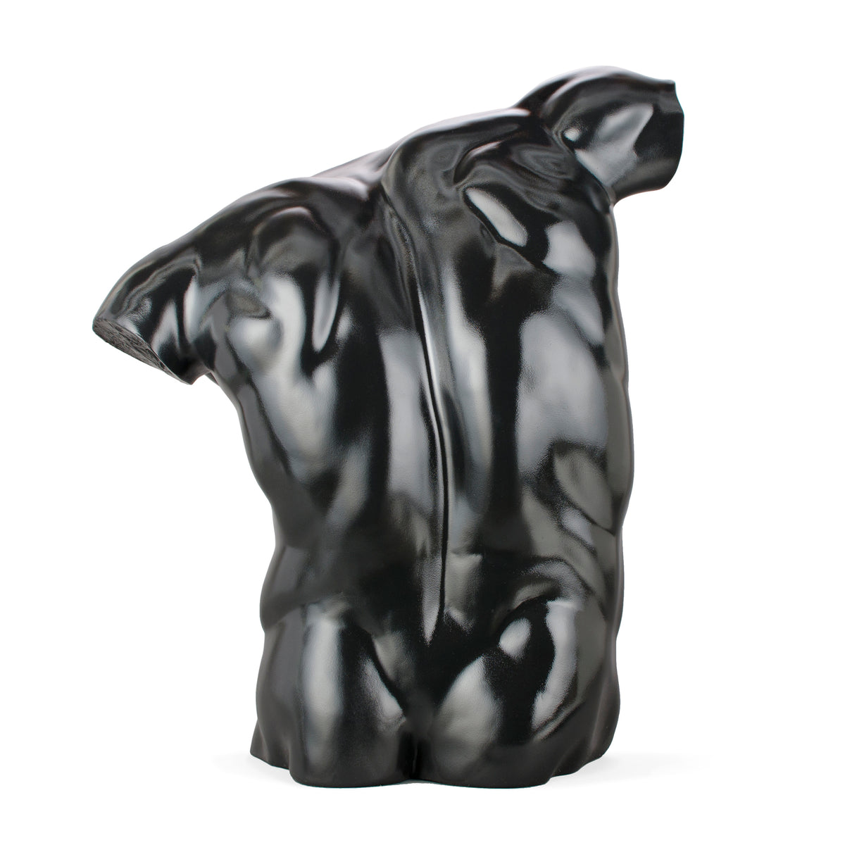 Backside view contemporary art handcrafted sculpture -large high gloss torso -black patent leather 