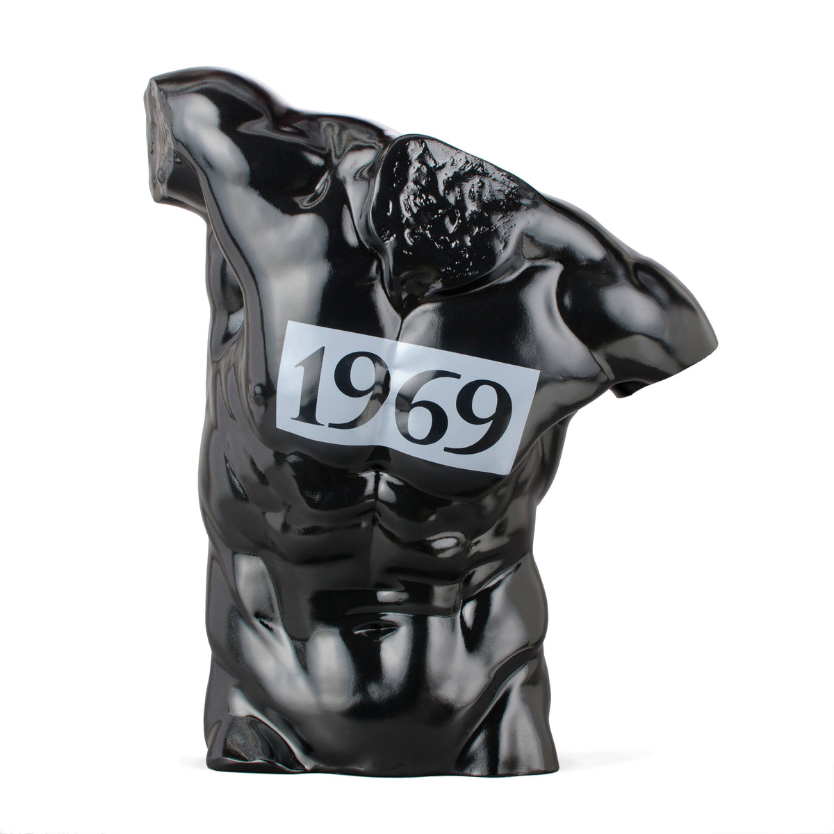Beautiful handcrafted sculpture of a large high gloss torso in patent leather black with the year 1969 emblazoned across the chest.